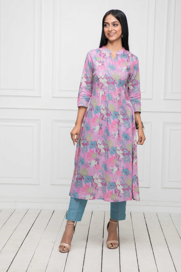 Women's Multi Floral Rayon A-Line Round Neck Kurtas - Myshka