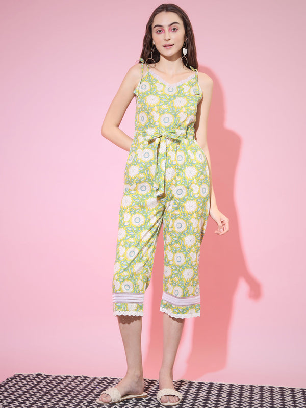 Women's Cotton Yellow Printed Jumpsuit - Myshka