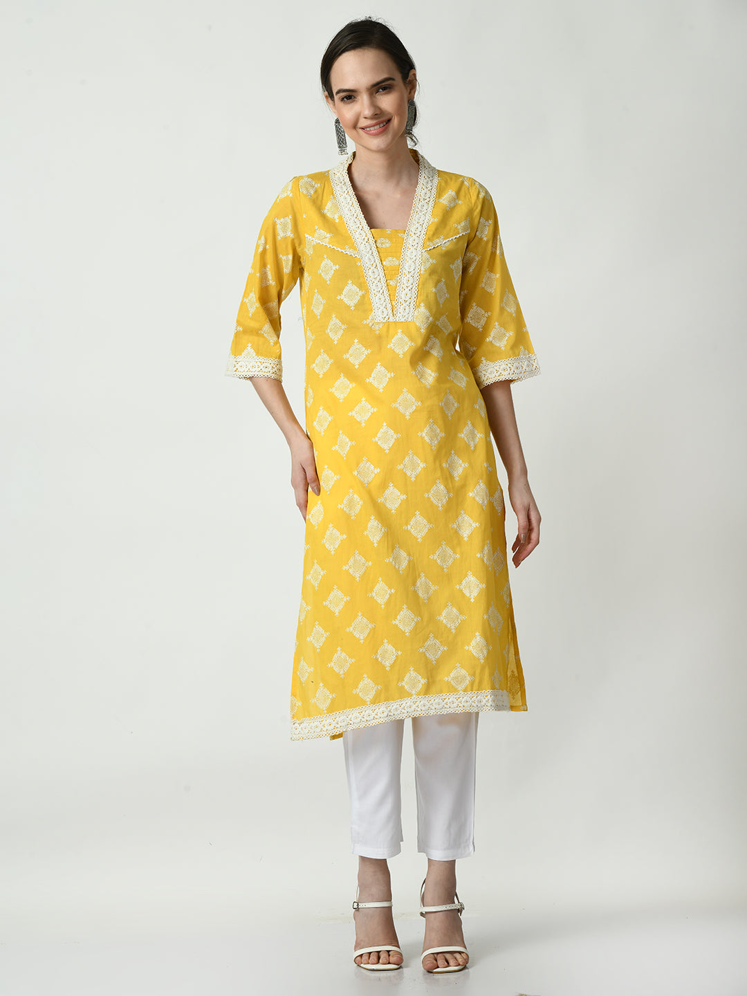 Women's Yellow Straight Printed Kurta - Myshka