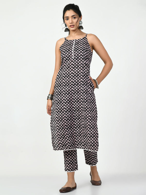 Women's Black Straight Printed Kurta - Myshka