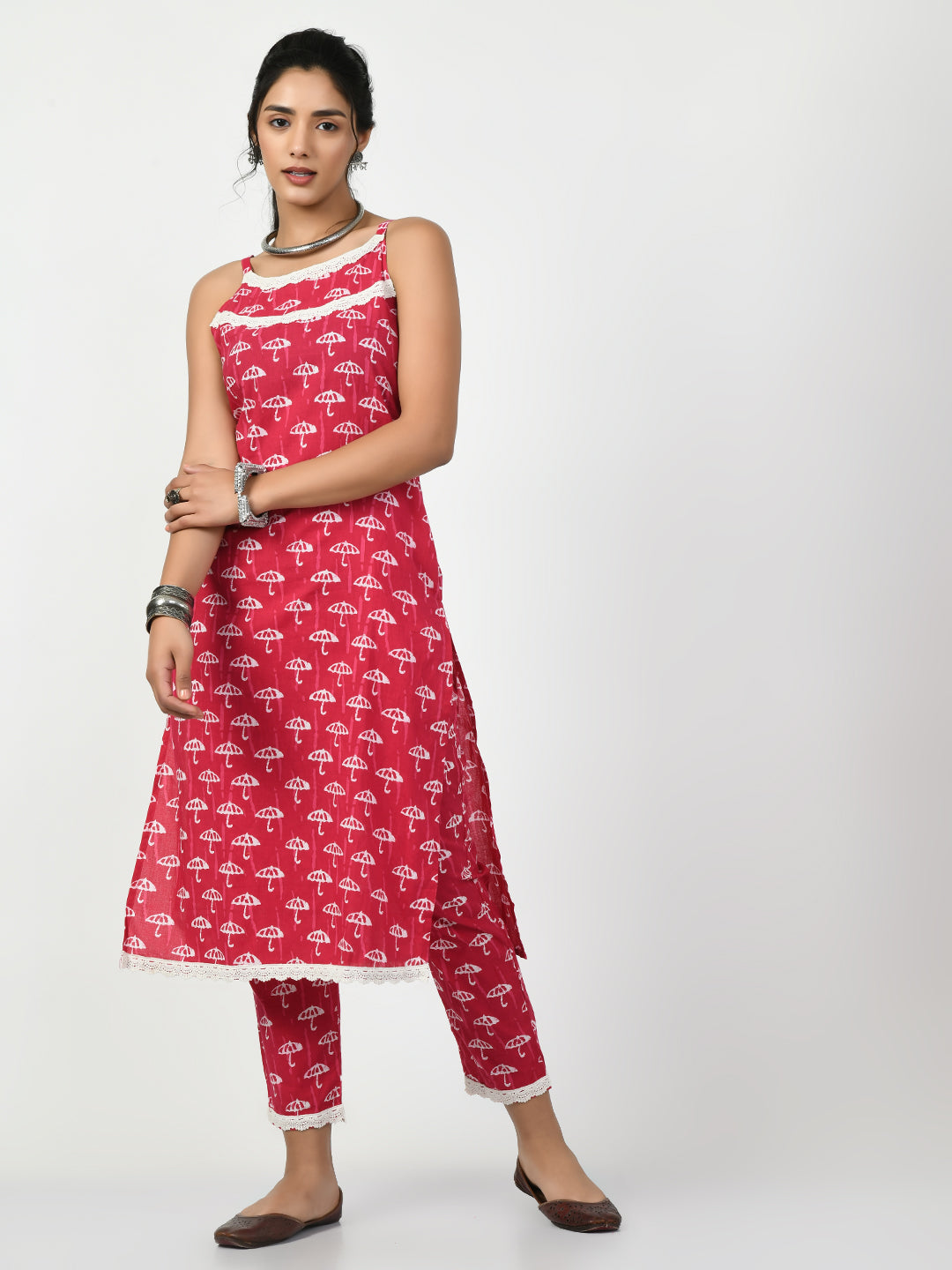 Women's Pink Straight Printed Kurta - Myshka