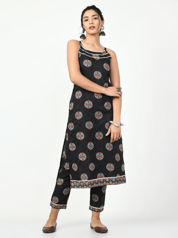 Women's Black Straight Printed Kurta - Myshka