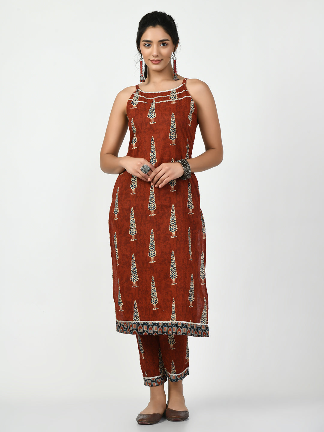 Women's Rust Straight Printed Kurta - Myshka