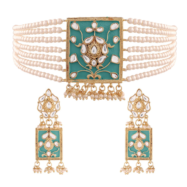 Women's Gold Plated Turquoise Pearl & Kundan Meenakari Multistrand Necklace Set With Earrings - i jewels