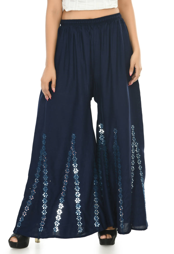 Women's Navy Blue Viscose Rayon Flared Palazzo With Mirror Work Mfp054 - Moeza