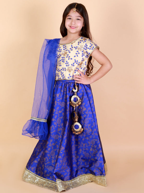 Girl's Silk Blend Foil Print With Lace Ankle Length Lehenga & Blouse Set -KID1 Girls