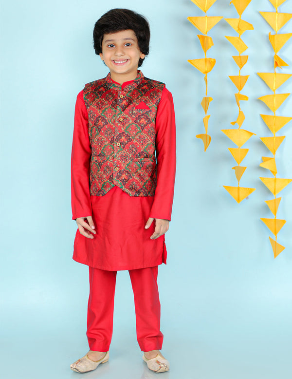 Boy's  Red Color Festive Kurta Pyjama With Printed Jacket - KID1 Boys