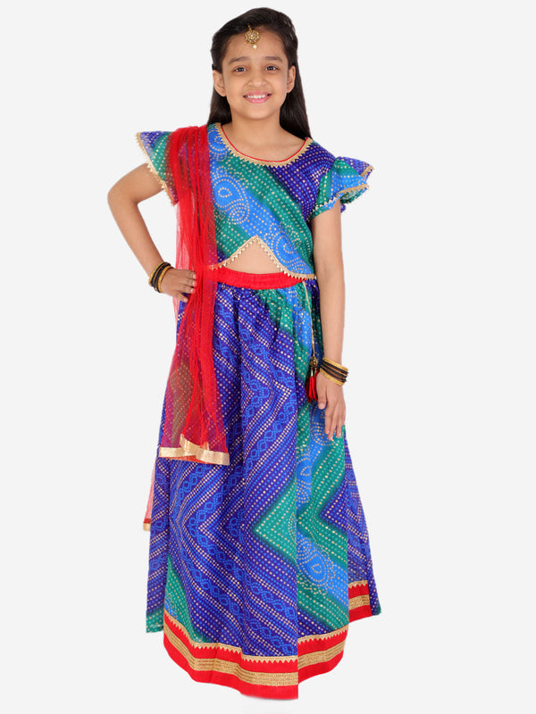 Girl's Bhandhani Print frill sleeves choli with lehenga and dupatta - KID1 Girls