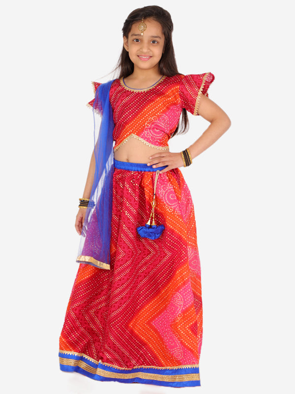 Girl's Bhandhani Print frill sleeves choli with lehenga and dupatta - KID1 Girls