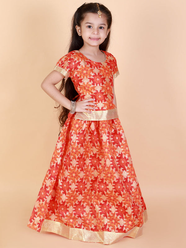 Girl's Gold Floral Printed Pavda Pattu - KID1 Girls