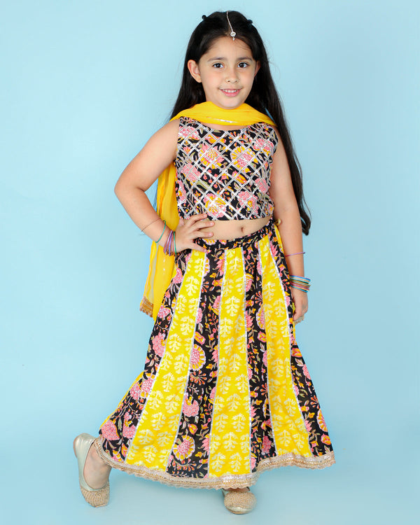 Girl's Black/Yellow Color Gota Work Crop Choli With Lehenga - KID1 Girls