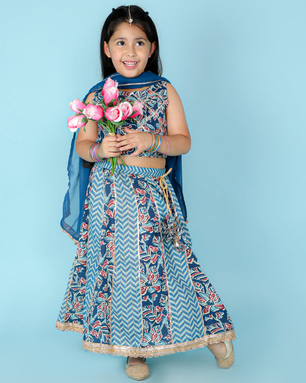 Girl's Blue Color Gota Work Crop Choli With Lehenga - KID1 Girls