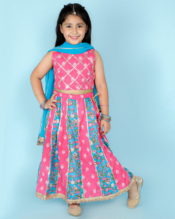 Girl's Pink/Blue Color Gota Work Crop Choli With Lehenga - KID1 Girls