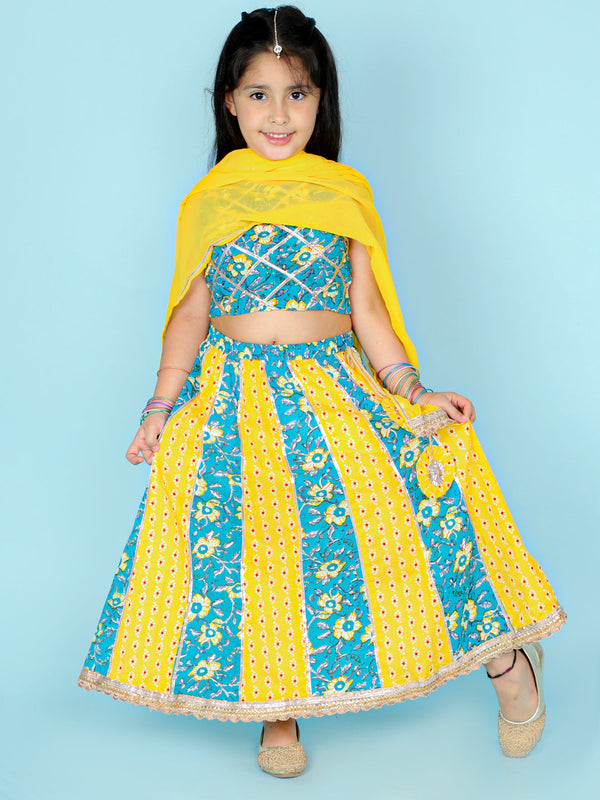 Girl's Turquiose/Yellow Color Gota Work Crop Choli With Lehenga - KID1 Girls