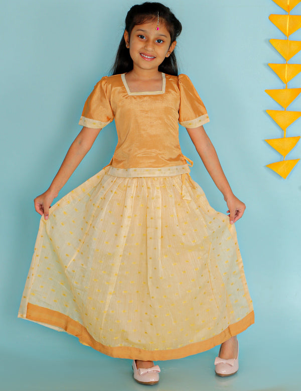 Girl's Golden-Off White Color Pavda Pattu Lehenga  - KID1 Girls