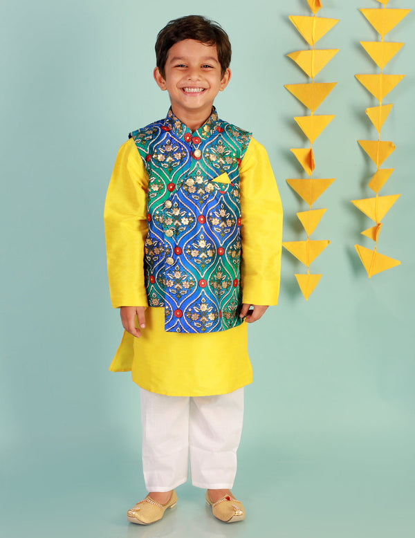 Boy's Festive Kurta Pyjama With Digi Print Jacket - Blue/Yellow - Kid1 Boys