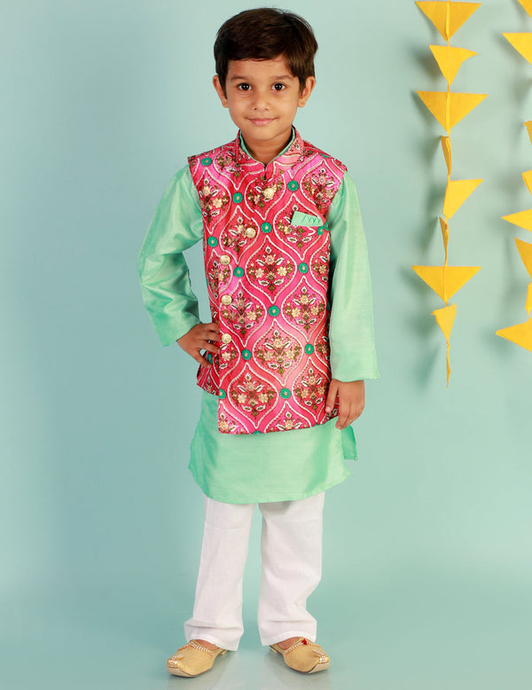 Boy's Festive Kurta Pyjama With Digi Print Jacket - Pink/Green - Kid1 Boys