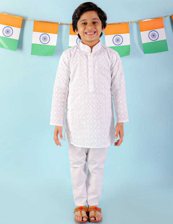 Boy's  White Color White Chikan Work Kurta Pyjama  - KID1 Boys