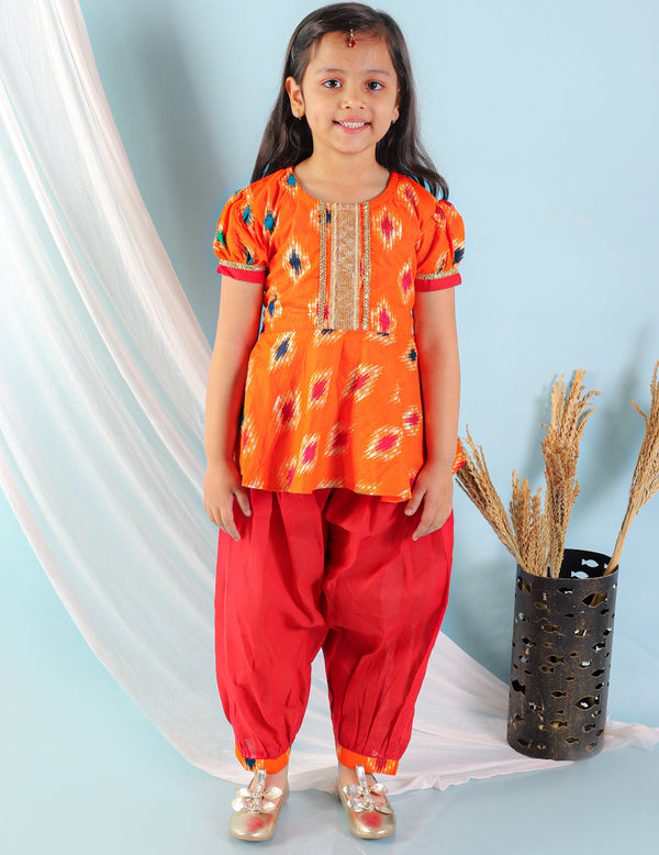 Girl's Orange Color Ikat Peplum With Afghani Salwar  - KID1 Girls