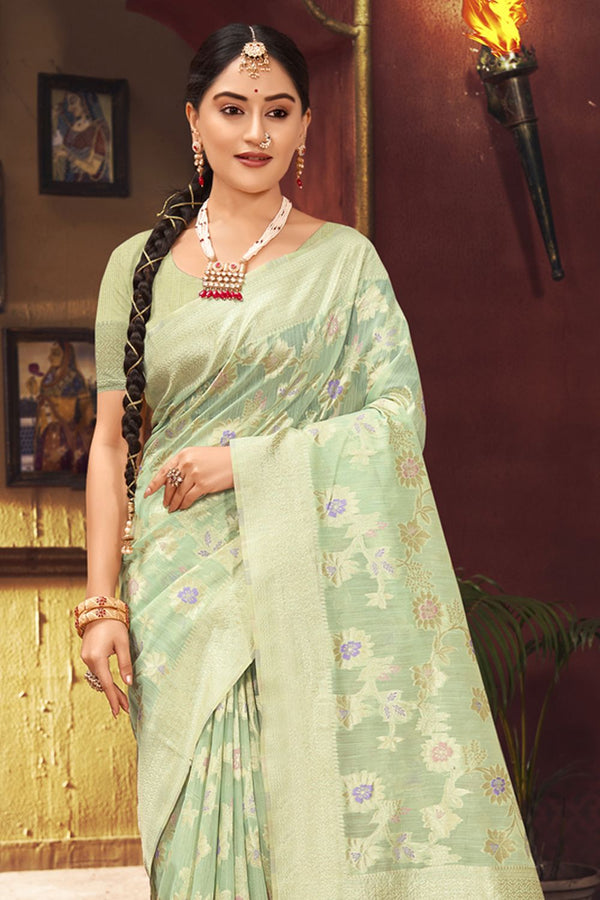 Women's Sea Green Silk Woven Zari Work Traditional Tassle Saree - Sangam Prints