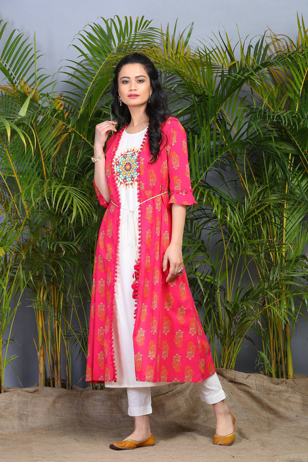 Buy_Women's_Fuschia_Rayon_Embroidered_Jacket_Style_Kurta_Online_Indiakreations