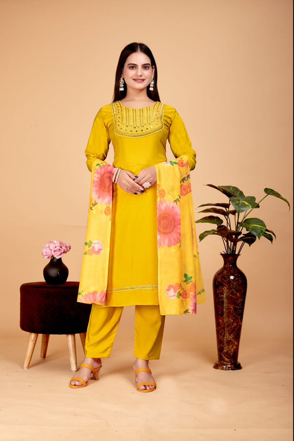 Women's Yellow Polycotton Embroidered Kurta Set - A2M