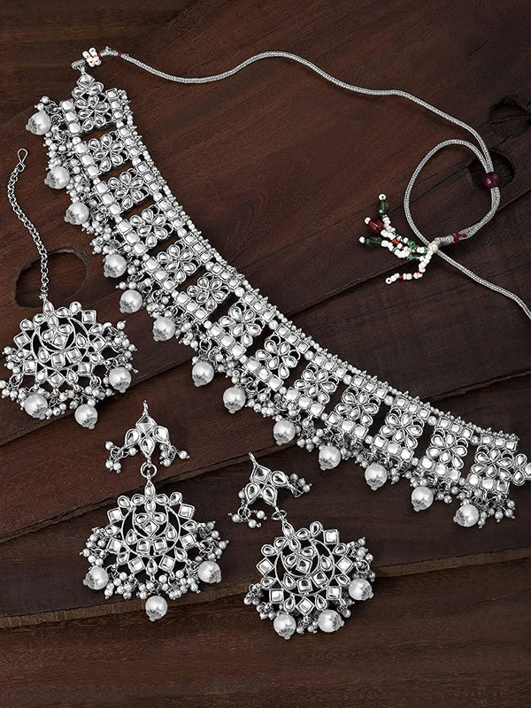 Women's Rhodium Plated Silver Kundan & Pearl Studded Choker Necklace Jewellery Set with Earrings & Maang Tikka - i jewels