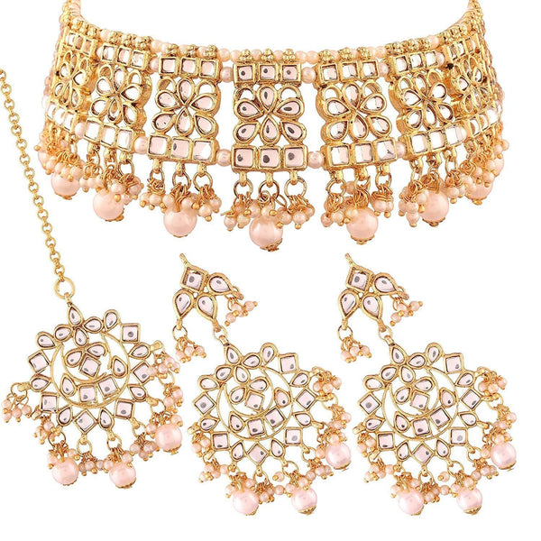 Women's Gold Plated White Kundan & Pearl Studded Choker Necklace Set with Earrings & Maang Tikka - i jewels