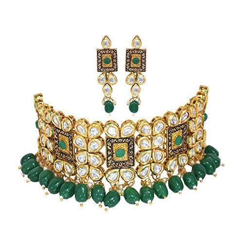 Women's Gold Plated Green Handcrafted Choker Necklace Jewellery Set - i jewels