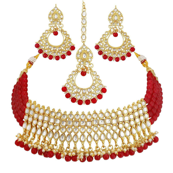 Women's Gold-Plated Red Kundan & Pearl Studded Choker Necklace Set - i jewels