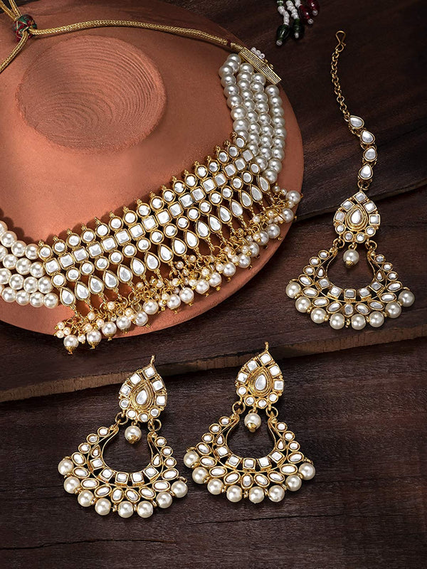 Women's Gold-Plated Studded White Kundan & Pearl Studded Choker Necklace Set - i jewels