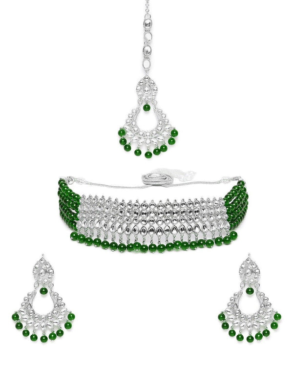 Women's Rhodium Plated Ethnic Green Kundan & Pearl Choker Necklace Set - i jewels