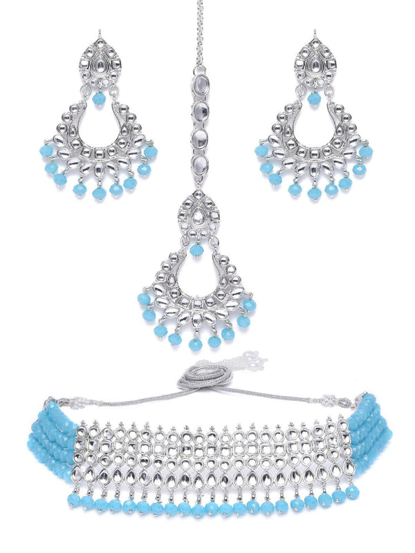 Women's Rhodium Plated Ethnic Turquoise Kundan & Pearl Choker Necklace Set - i jewels