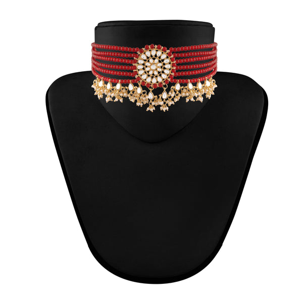 Women's Gold Plated Maroon Choker Set Glided With Kundan & Pearls - i jewels