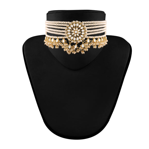 Women's Gold Plated White Choker Set Glided With Kundan & Pearls - i jewels