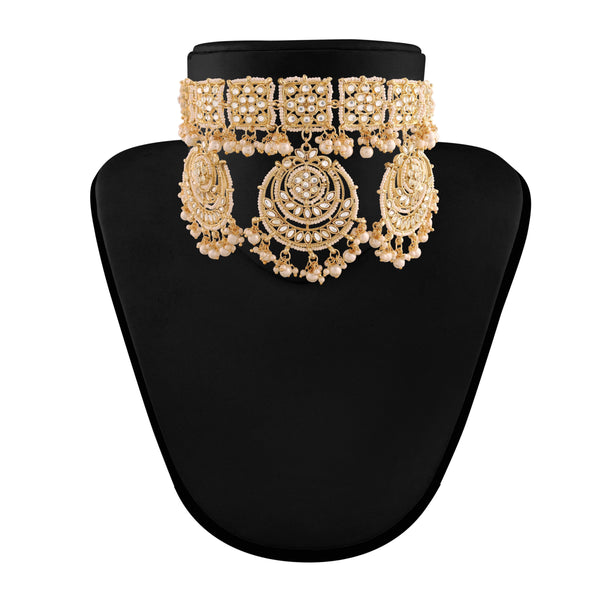 Women's 18K Gold Plated Traditional Kundan & Pearl Studded Choker Set -I Jewels