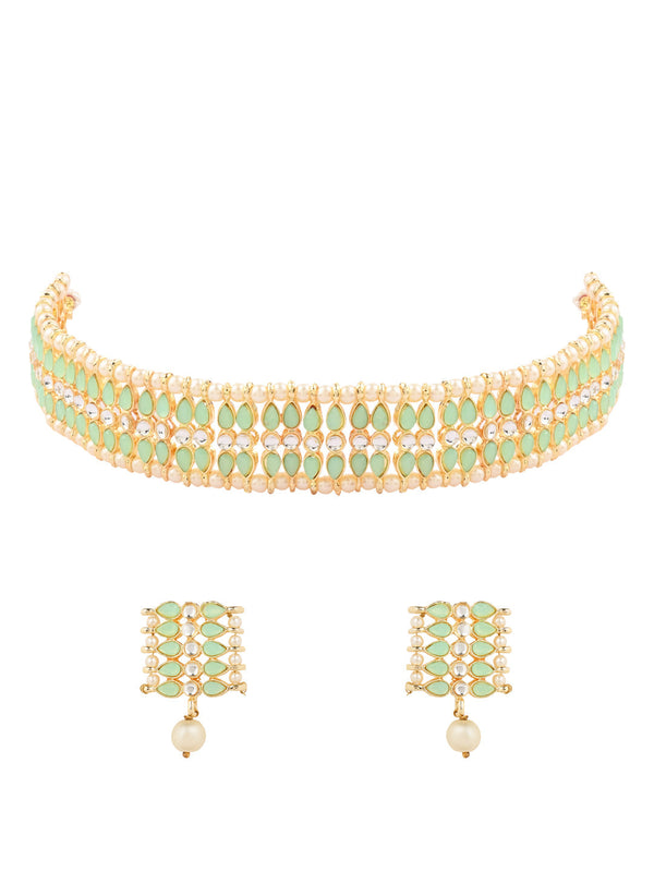 Women's 18k Gold Plated Traditional Peach Pearl & Kundan Studded Choker Necklace Jewellery Set  - I Jewels