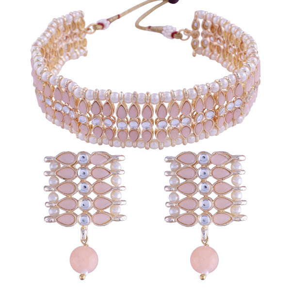 Women's 18k Gold Plated Traditional Peach Pearl & Kundan Studded Choker Necklace Jewellery Set  - I Jewels