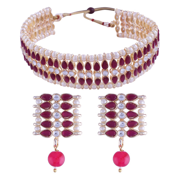 Women's 18k Gold Plated Traditional Peach Pearl & Kundan Studded Choker Necklace Jewellery Set  - I Jewels