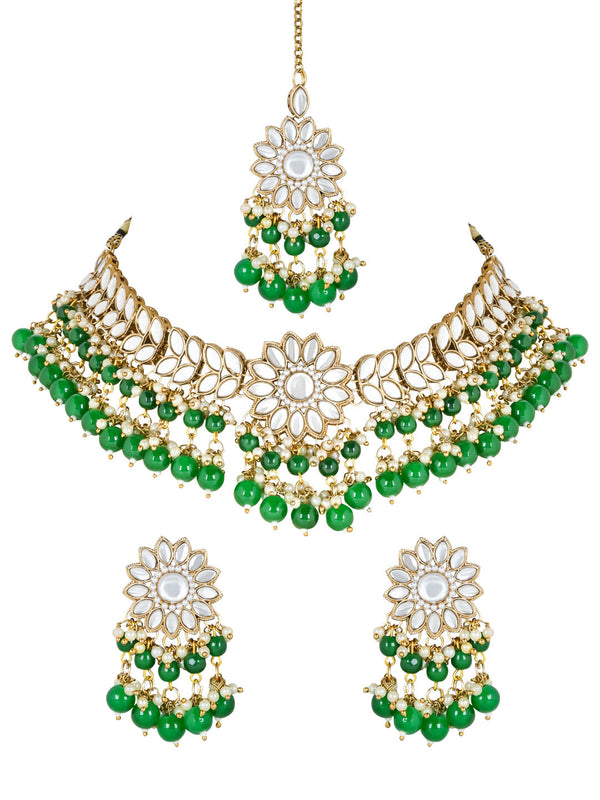 Women's 18K Gold Plated Traditional Kundan Studded Green Pearl Hanging Choker Necklace Jewellery Set With Earrings & Maang Tikka  - I Jewels