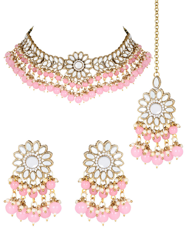 Women's 18K Gold Plated Traditional Kundan Studded Pink Pearl Hanging Choker Necklace Jewellery Set With Earrings & Maang Tikka  - I Jewels