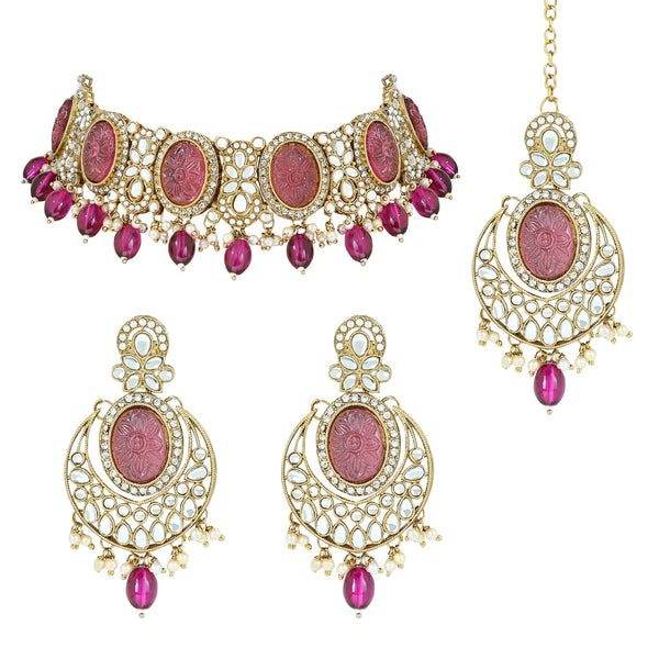 Women's 18k Gold Plated Traditional Pearl Kundan & Stone Studded Jewellery Necklace Set with Maang Tikka  - I Jewels