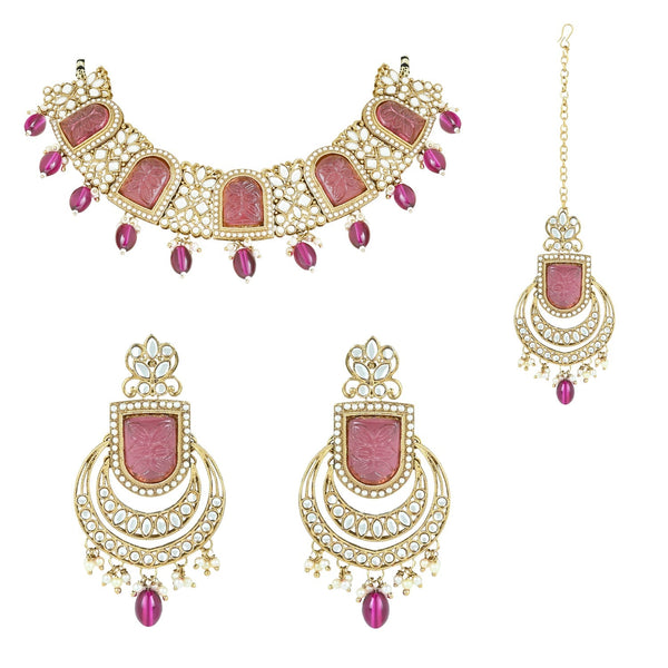 Women's 18k Gold Plated Traditional Pearl Kundan & Stone Studded Jewellery Necklace Set with Maang Tikka  - I Jewels