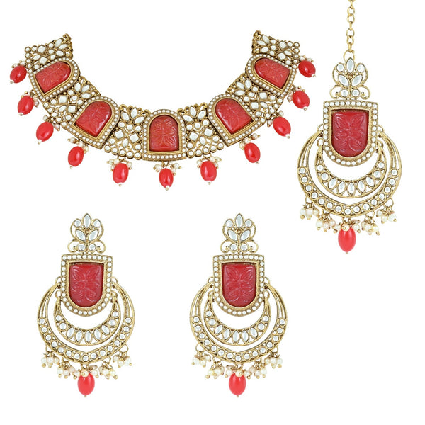 Women's 18k Gold Plated Traditional Red Pearl Kundan & Stone Studded Jewellery Necklace Set with Maang Tikka  - I Jewels