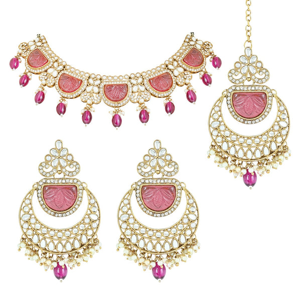 Women's 18k Gold Plated Traditional Pearl Kundan & Stone Studded Jewellery Necklace Set with Maang Tikka  - I Jewels