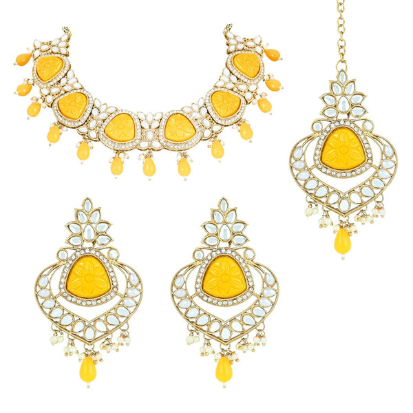 Women's 18k Gold Plated Traditional Pearl Kundan & Stone Studded Jewellery Necklace Set with Maang Tikka  - I Jewels