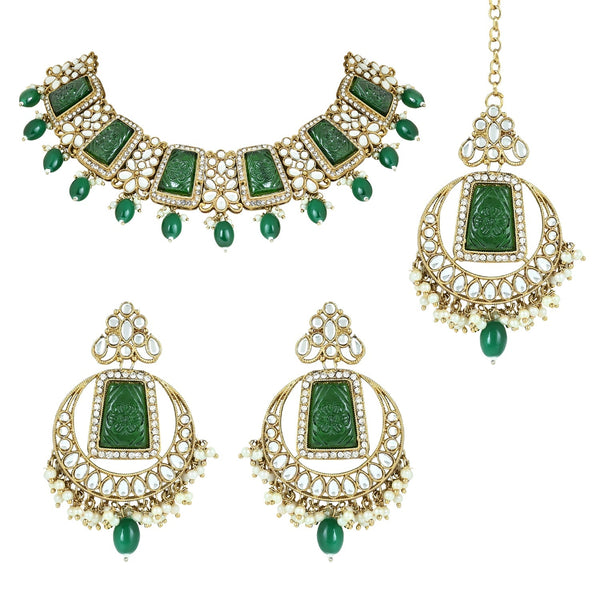 Women's 18k Gold Plated Traditional Pearl Kundan & Stone Studded Jewellery Necklace Set with Maang Tikka  - I Jewels