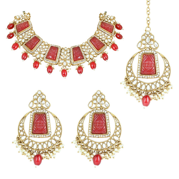 Women's 18k Gold Plated Traditional Pearl Kundan & Stone Studded Jewellery Necklace Set with Maang Tikka  - I Jewels