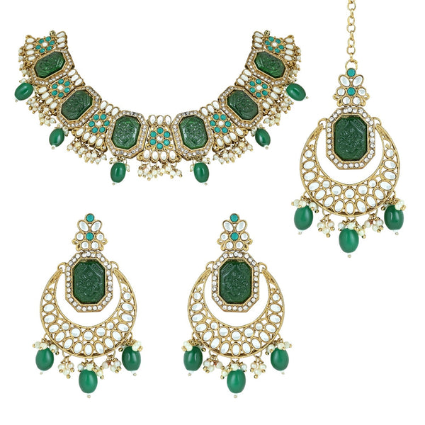 Women's 18k Gold Plated Traditional Pearl Kundan & Stone Studded Jewellery Necklace Set with Maang Tikka  - I Jewels