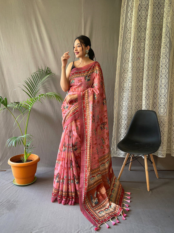 Women's Pink Color Kadambari Cotton Kalamkari Printed Saree Pink - TASARIKA